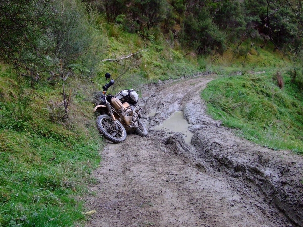 A beached R100GS PD on the Old Whangamomona Road