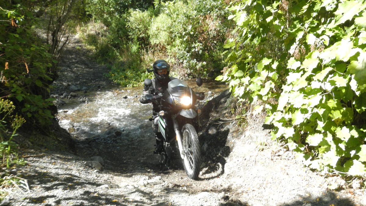 A rider exists a stream up a steep bank heading to Sutherlands Hut