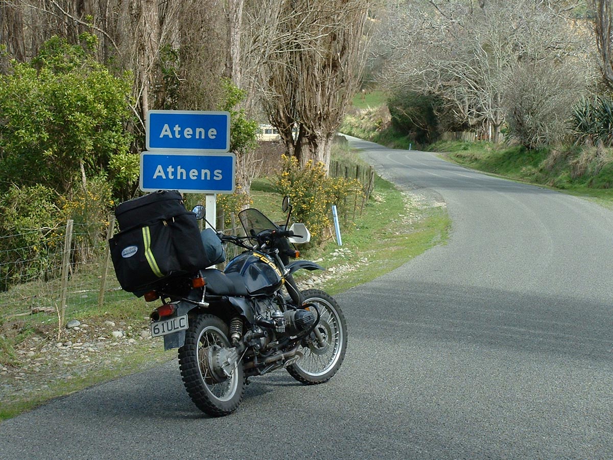 Riding into Athens on the Whanganui River road.